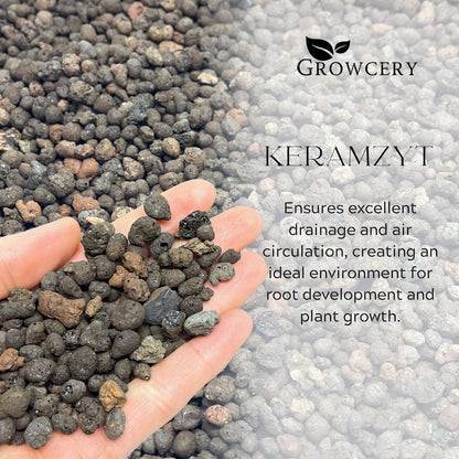 Premium Keramzyt aggregate with text “Ensures excellent drainage and air circulation” over clay pellet background