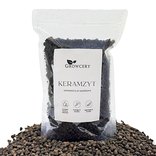 Growcery Premium Keramzyt 4–10 mm expanded clay aggregate in resealable bag, ideal for pot drainage and aeration