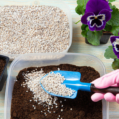 Mixing perlite into coco coir base for universal houseplant mix, with pansies and garden setup