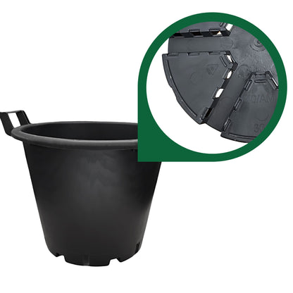 Round garden pot with close-up on slotted drainage base – strong and breathable design for healthy root development