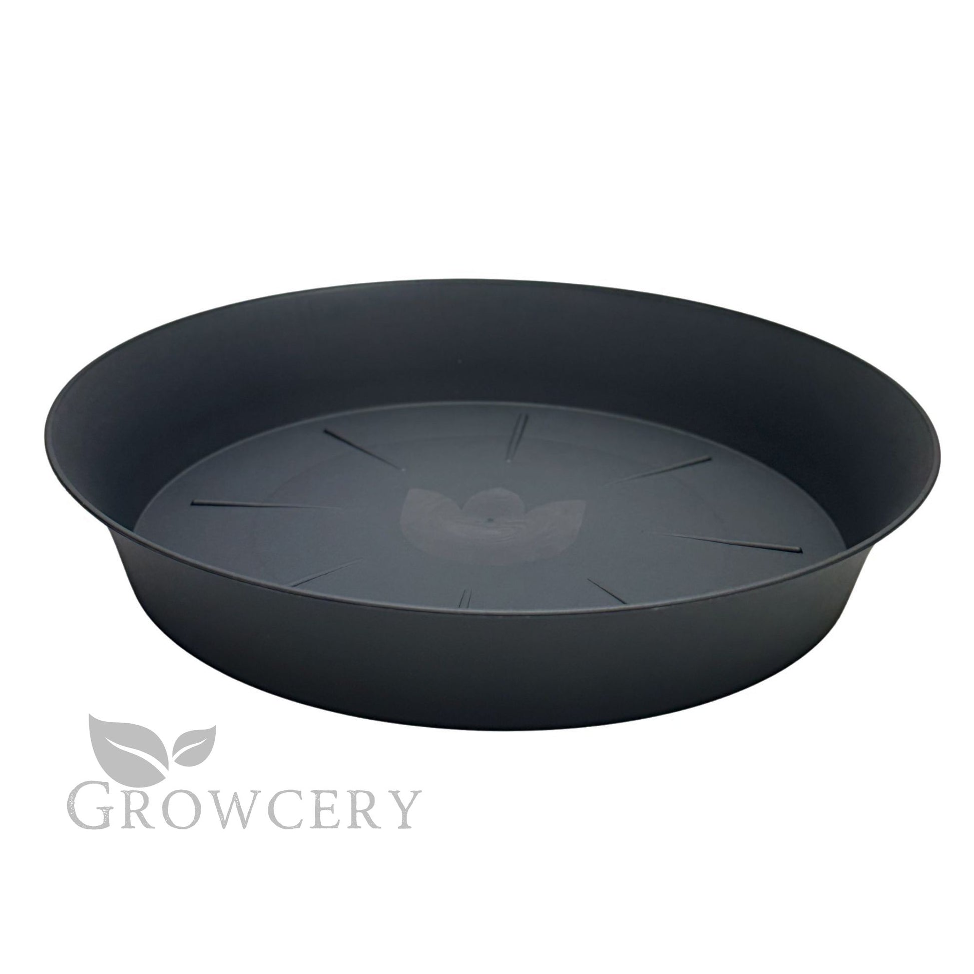 heavy-duty black plastic saucer side view