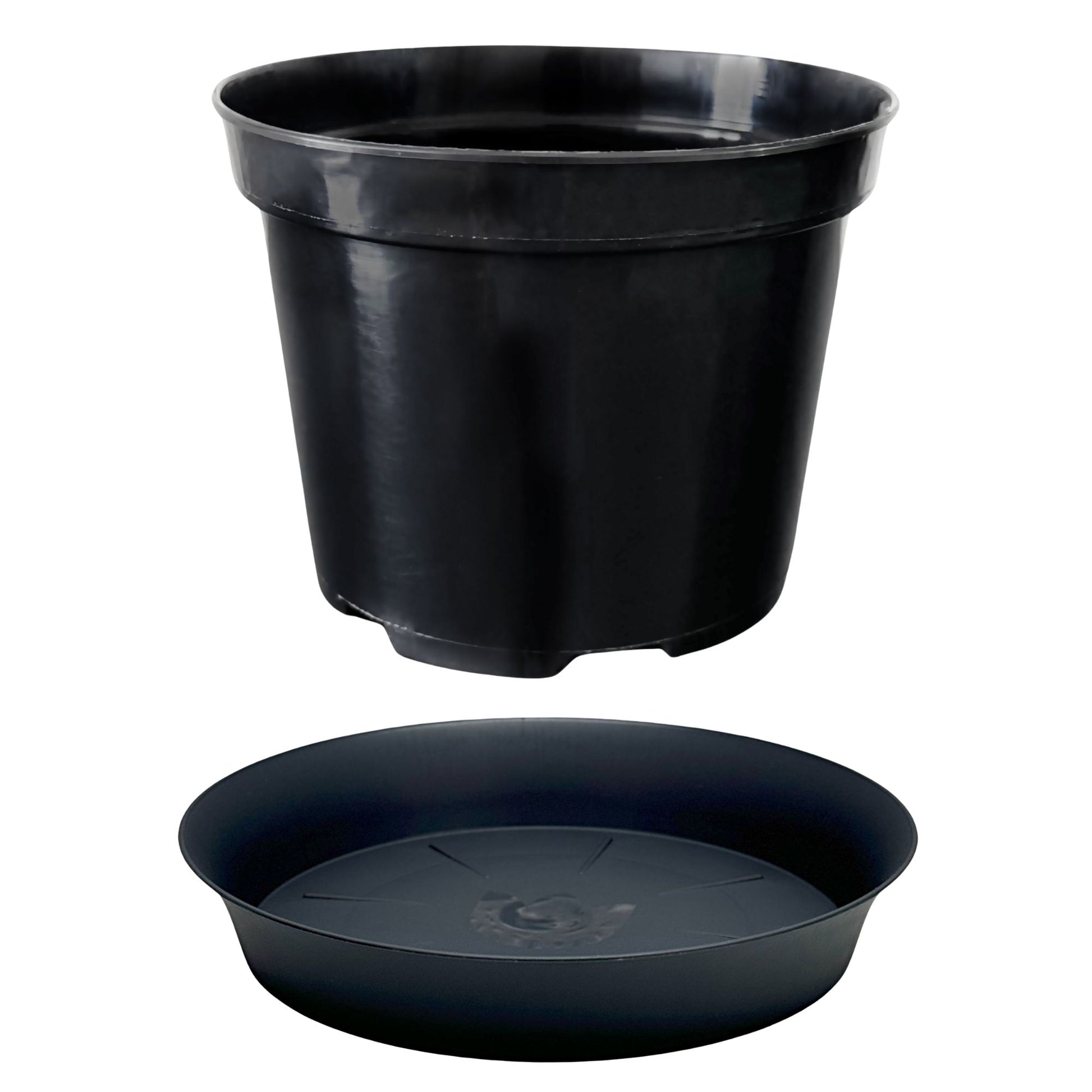 Black round plant pot with matching saucer – side view