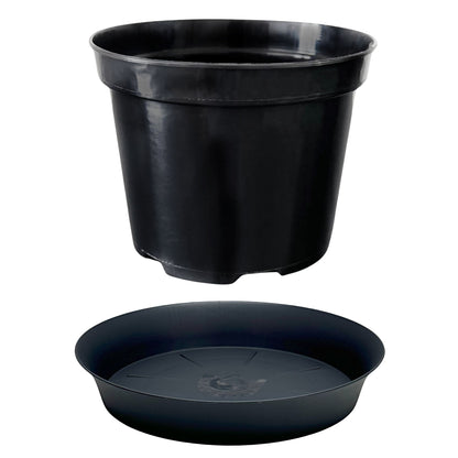 Black round plant pot with matching saucer – side view