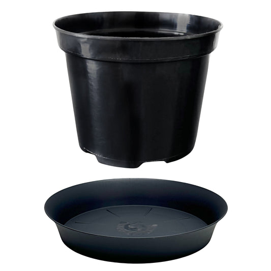 Black round plant pot with matching saucer – side view