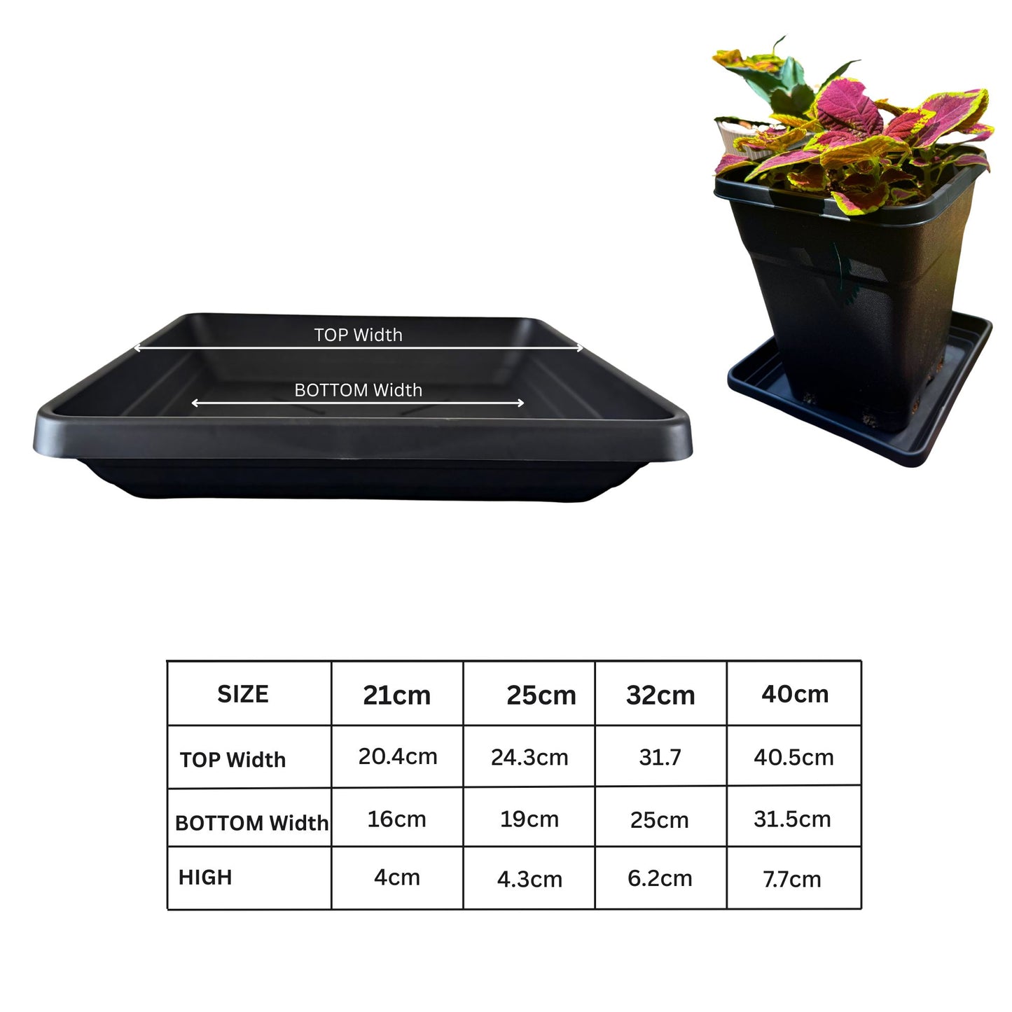 Square plant saucer size chart with top, bottom, and height dimensions
