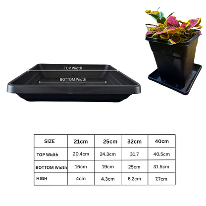 Square plant saucer size chart with top, bottom, and height dimensions