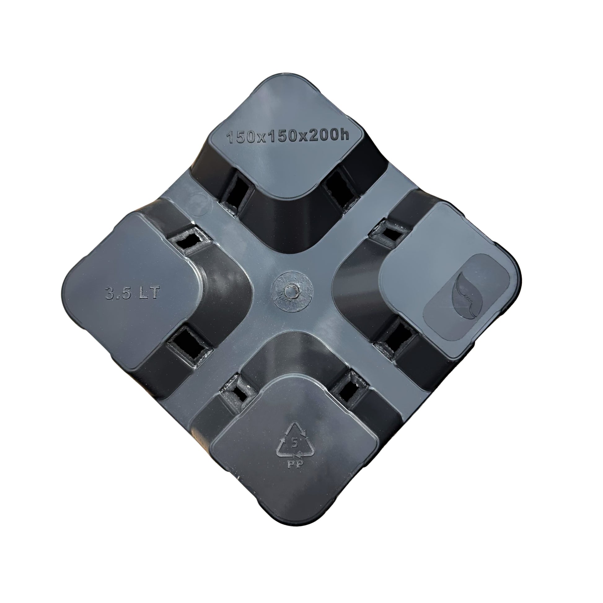 Bottom view of square pot showing drainage holes