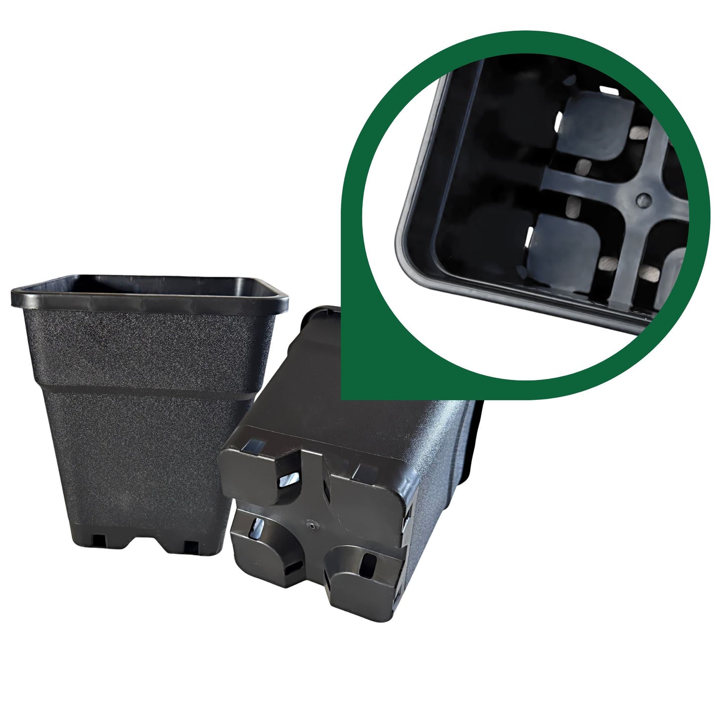 Heavy-duty plastic pots with detailed drainage base – square design with secure base for stability and growth