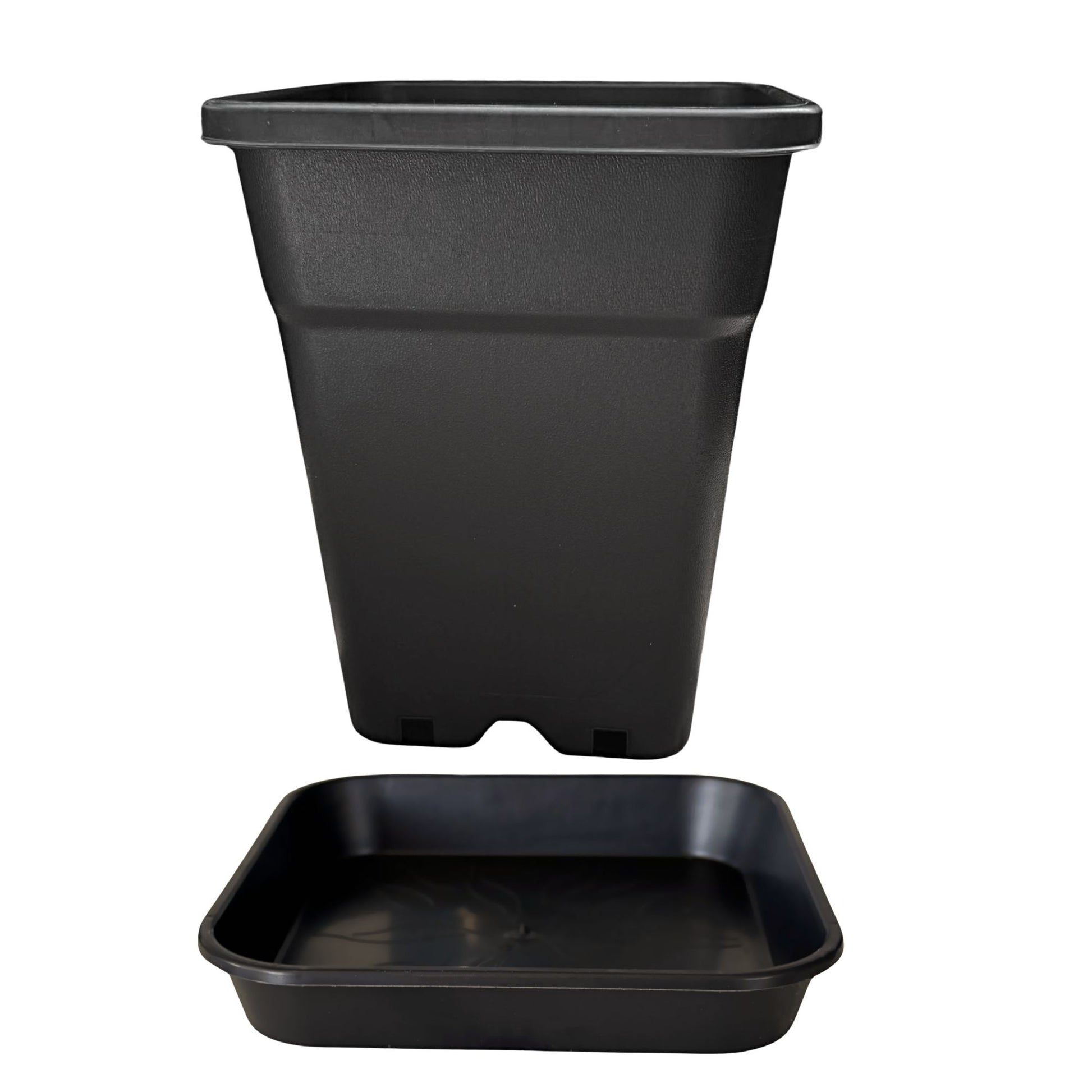 Square plant pot with matching saucer, front view