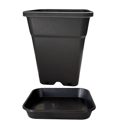 Square plant pot with matching saucer, front view