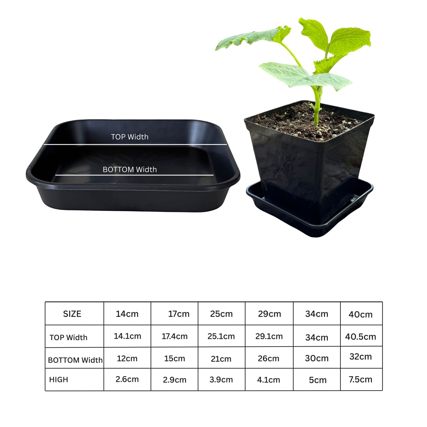 Heavy-duty plastic square saucer with top and bottom width measurements – plant drip tray with pot for indoor/outdoor gardening