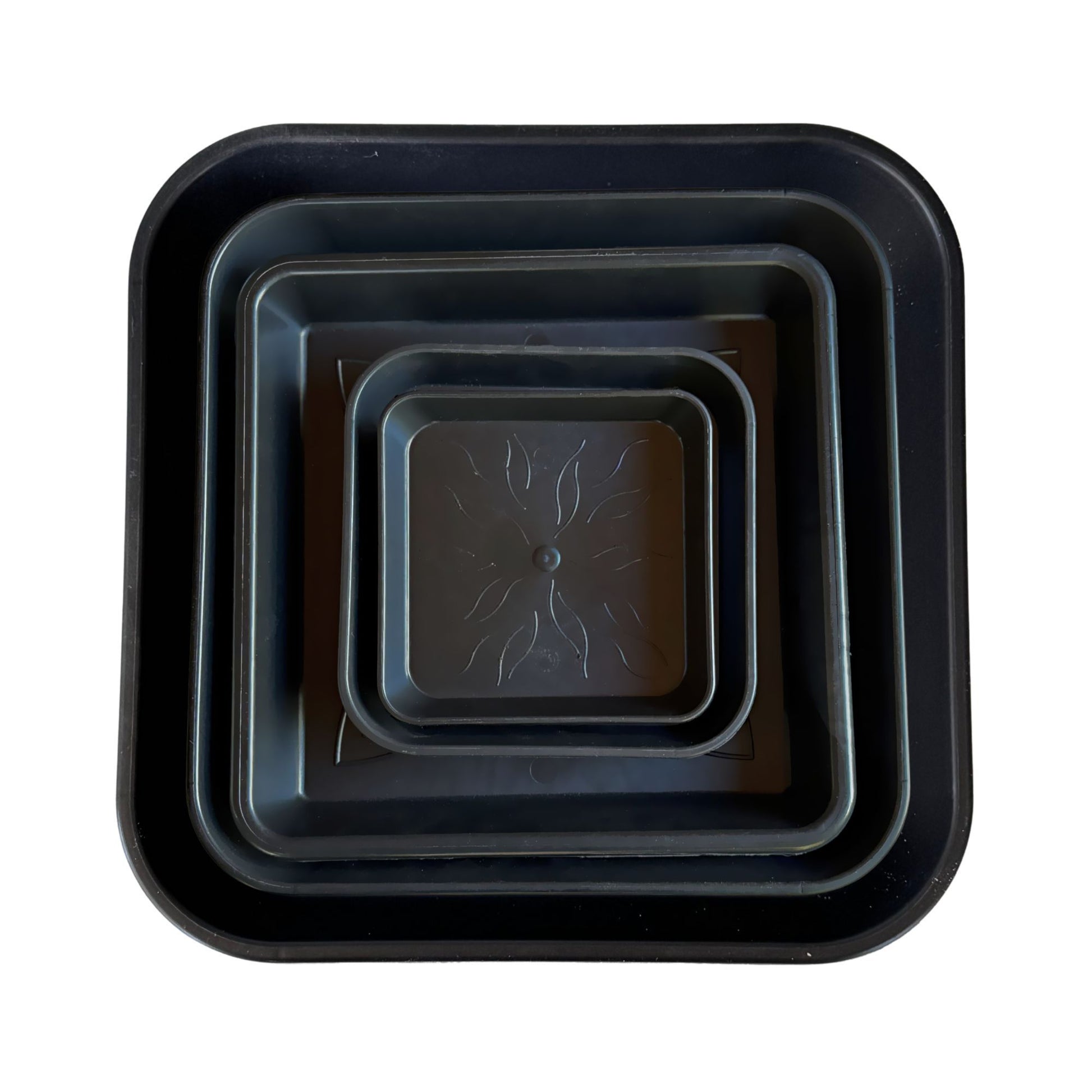 Set of heavy-duty square plant saucers – stackable black plastic trays in multiple sizes from 14cm to 34cm