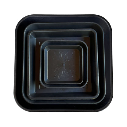 Set of heavy-duty square plant saucers – stackable black plastic trays in multiple sizes from 14cm to 34cm