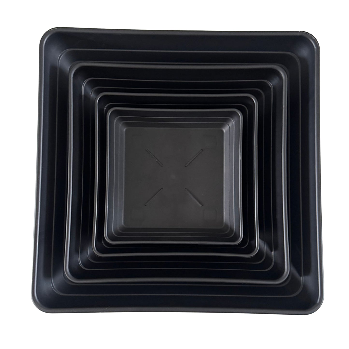 Nested stack of deep square plant saucers in all available sizes