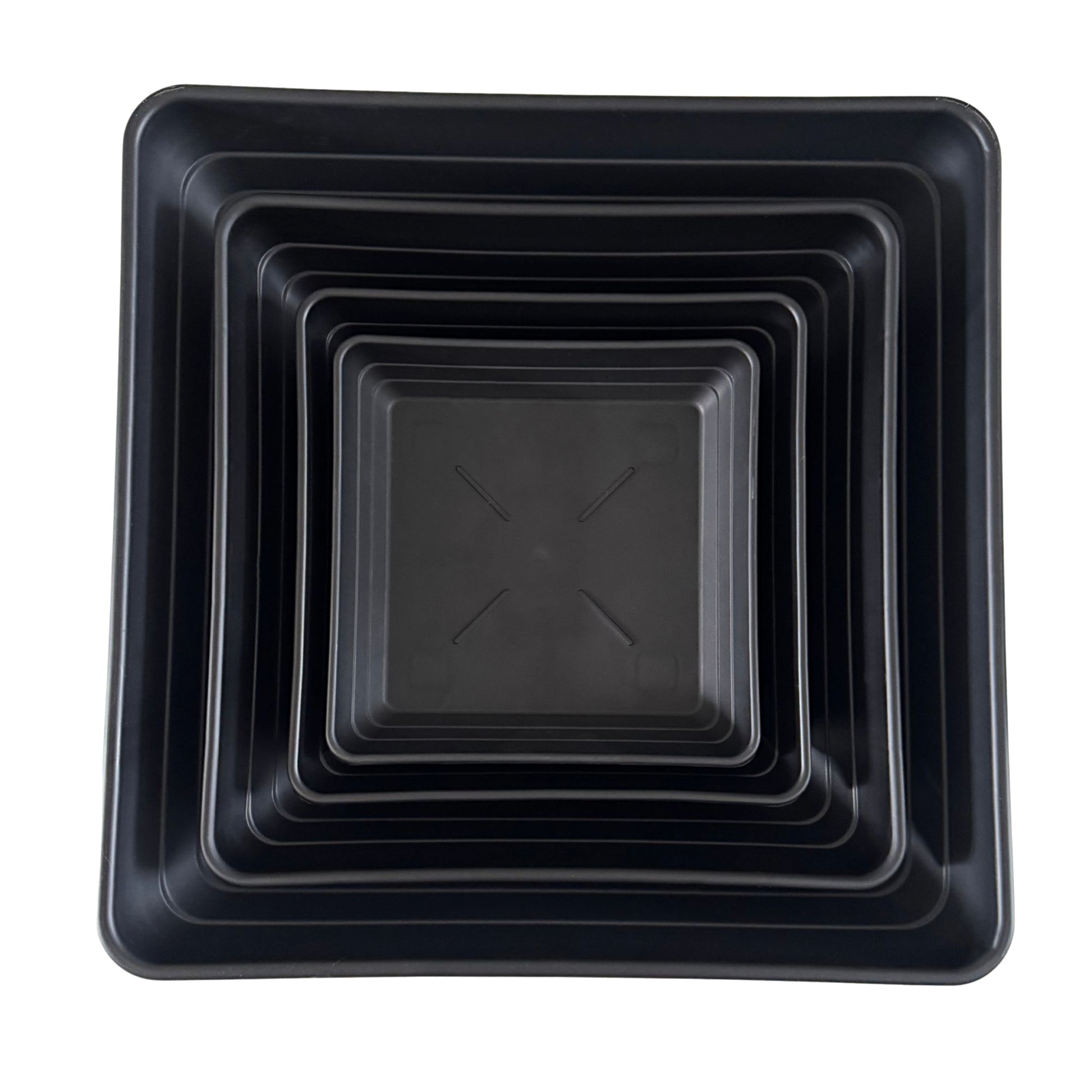 Nested stack of deep square plant saucers in all available sizes