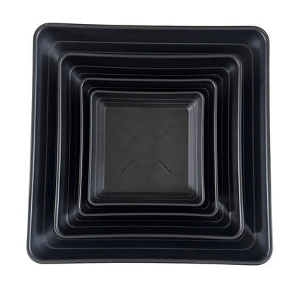 Nested stack of deep square plant saucers in all available sizes
