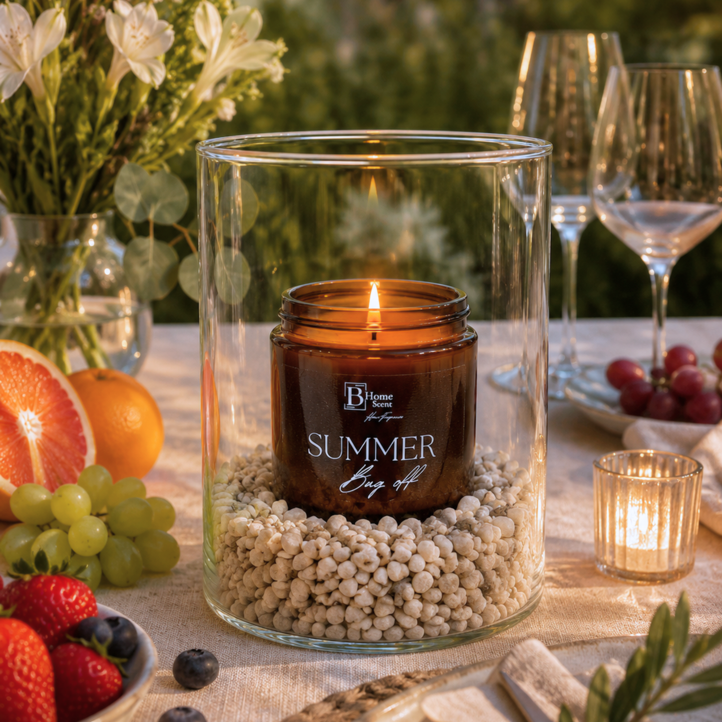 Garden Candle with Hurricane Glass Vase - Summer Bug Off. amber candle  sits inside a tall clear glass cylinder filled with small white pebbles, styled on a table with fruit, wine glasses, and a small candle in warm outdoor light.