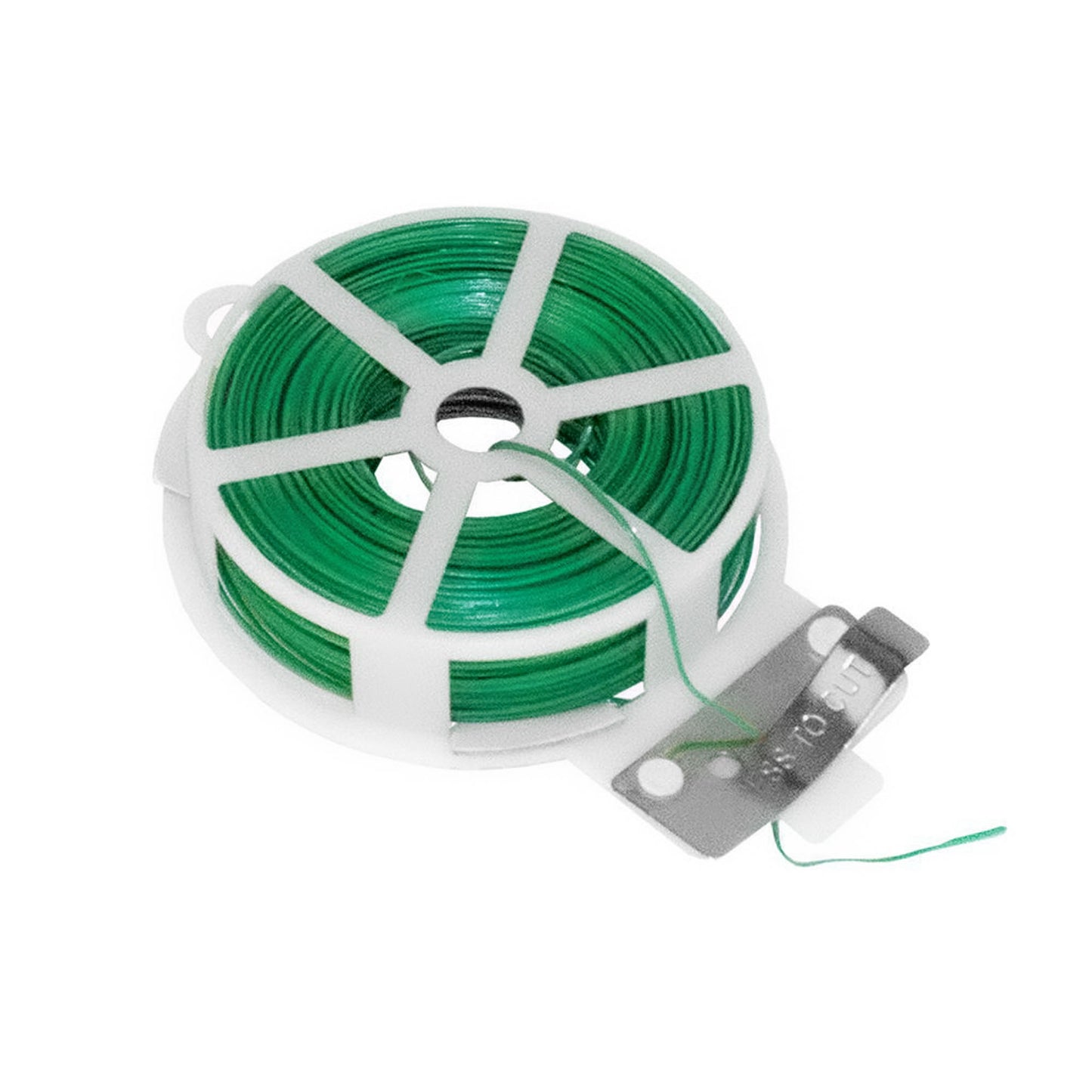 50-meter green twist tie roll with built-in metal snip tool – perfect for gardening, plant support, and cable management.
