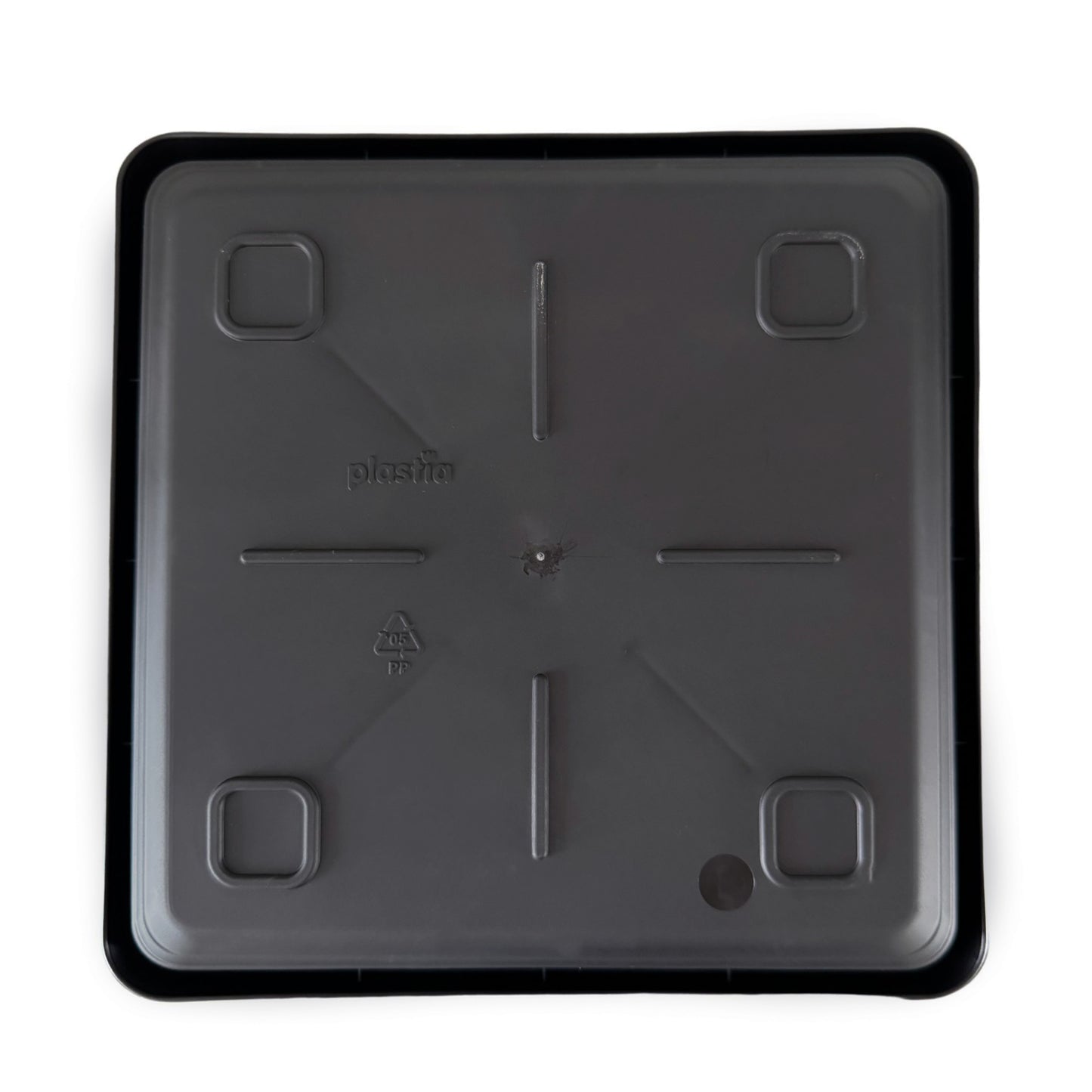 Bottom view of deep square plant saucer with drainage grooves