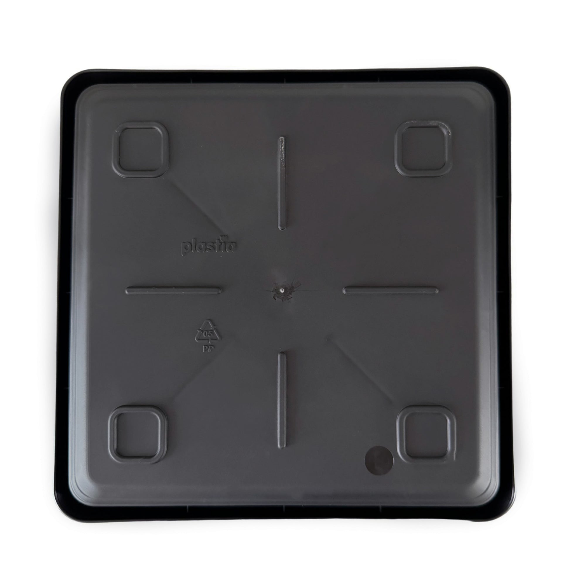 Bottom view of deep square plant saucer with drainage grooves