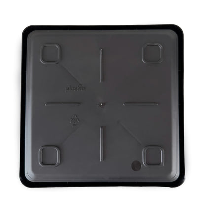 Bottom view of deep square plant saucer with drainage grooves