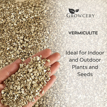 Vermiculite for plants displayed with hand, labelled as ideal for indoor and outdoor plant growth and seed starting.