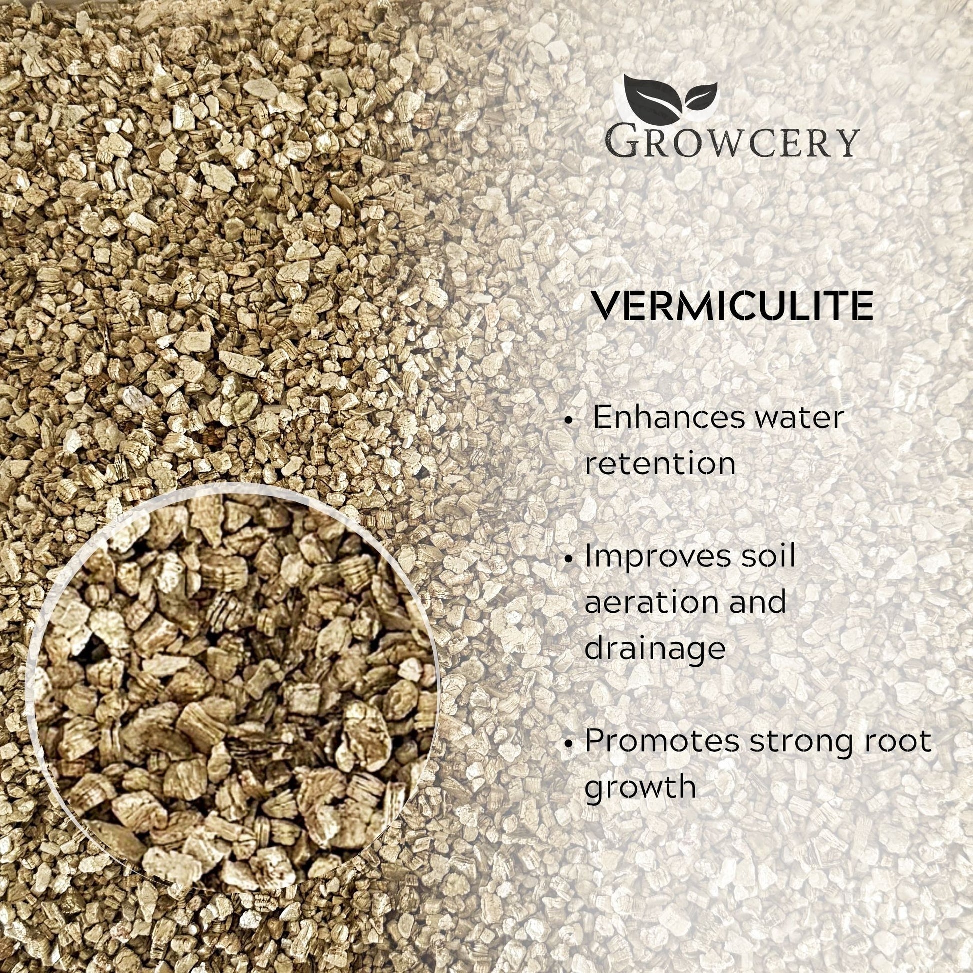 Vermiculite for plants with text highlighting benefits: enhances water retention, improves soil aeration, promotes strong root growth.