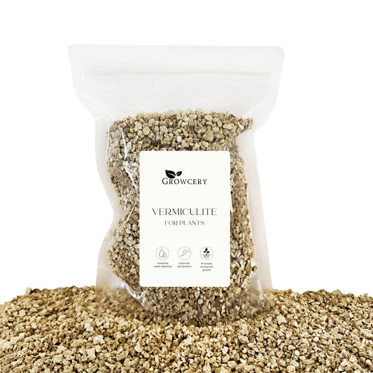 Premium Growcery Vermiculite for Plants in clear packaging, perfect for soil improvement and moisture retention.