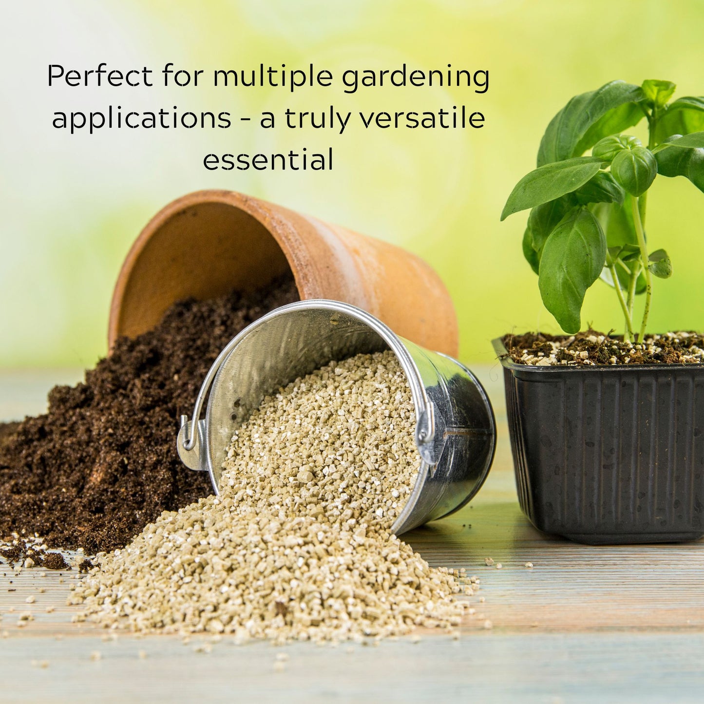 Vermiculite for plants shown with soil, potted plant, and gardening pot, perfect for multiple gardening applications.