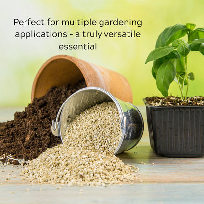 Vermiculite for plants shown with soil, potted plant, and gardening pot, perfect for multiple gardening applications.