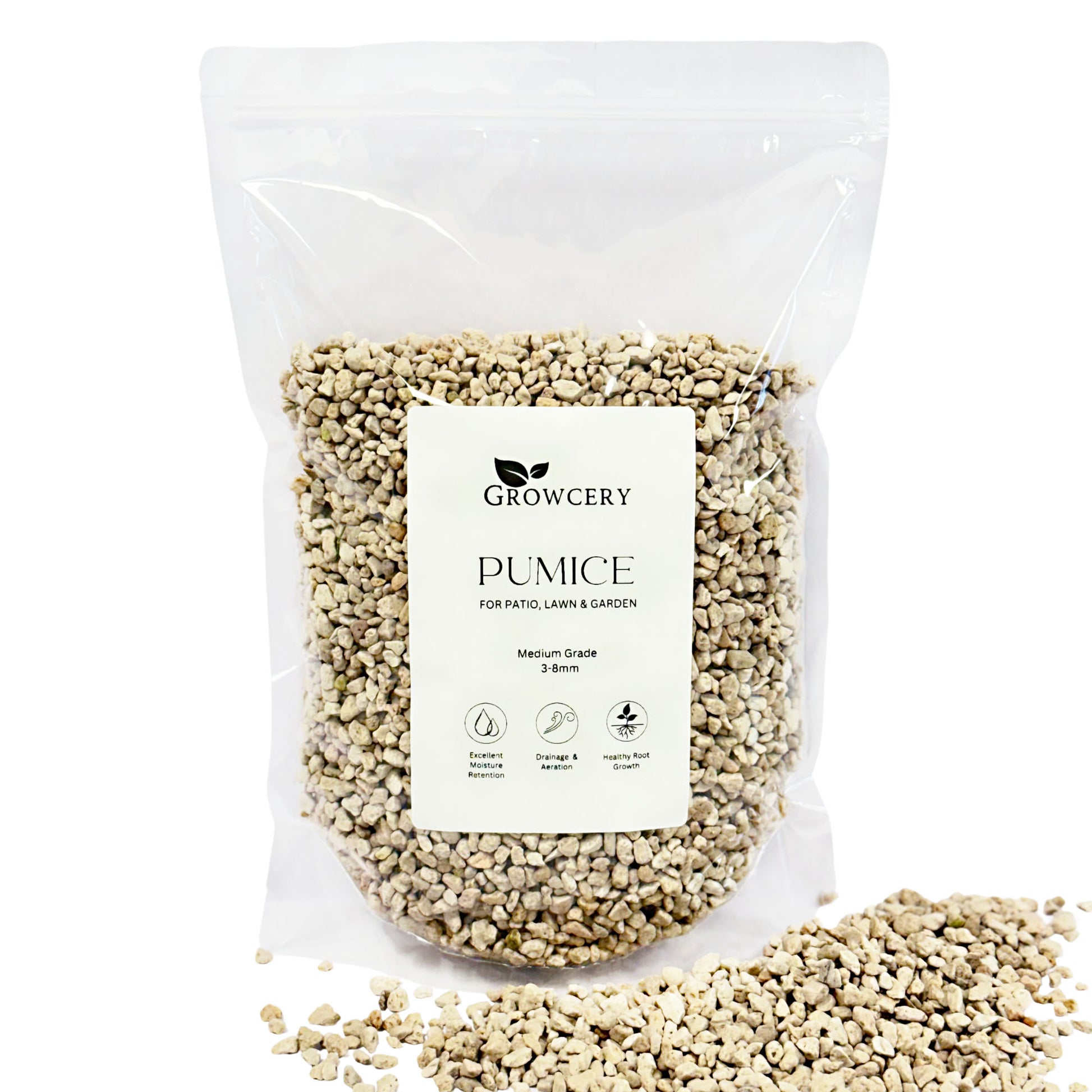 Perlite for plants Perlite for plant pots Pumice for plants Pumice for bonsai Clear resealable bag of 3–8 mm volcanic pumice next to loose pile on white background