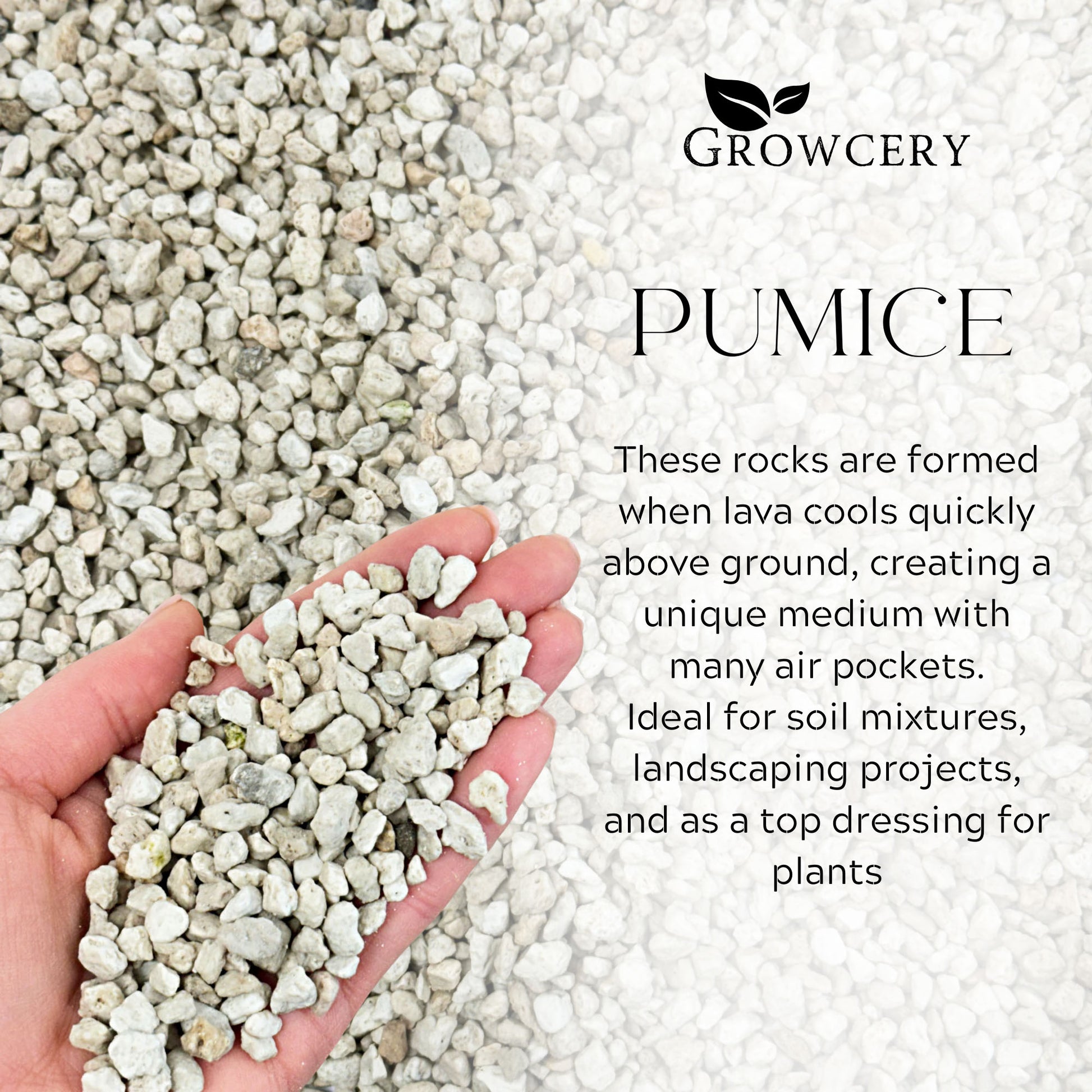 Hand holding 3–8 mm volcanic pumice with usage tips overlay