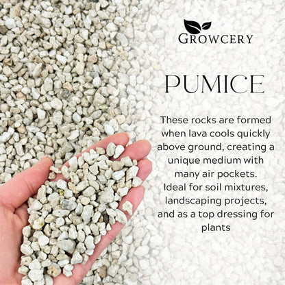 Hand holding 3–8 mm volcanic pumice with usage tips overlay