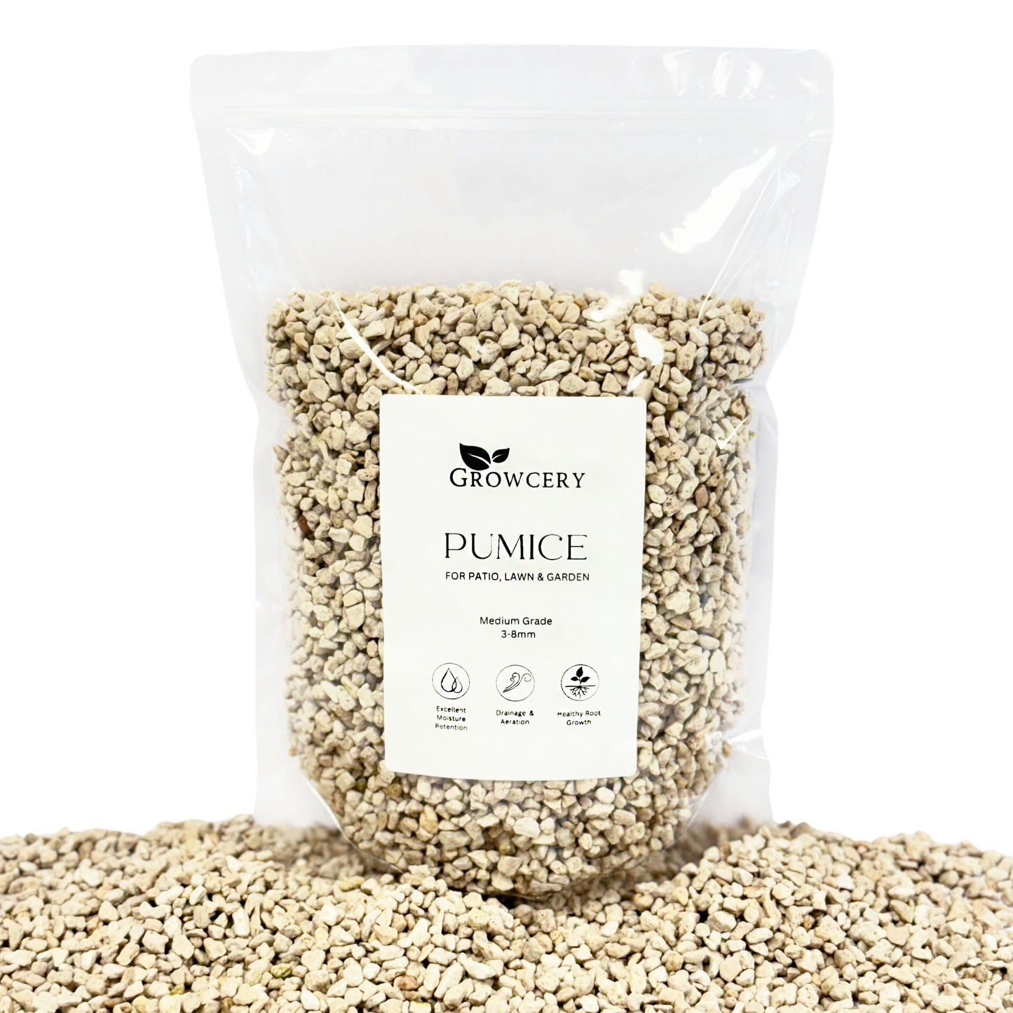 Pumice for plants  Front view of clear bag of 3–8 mm dust-free volcanic pumice spilling onto surface