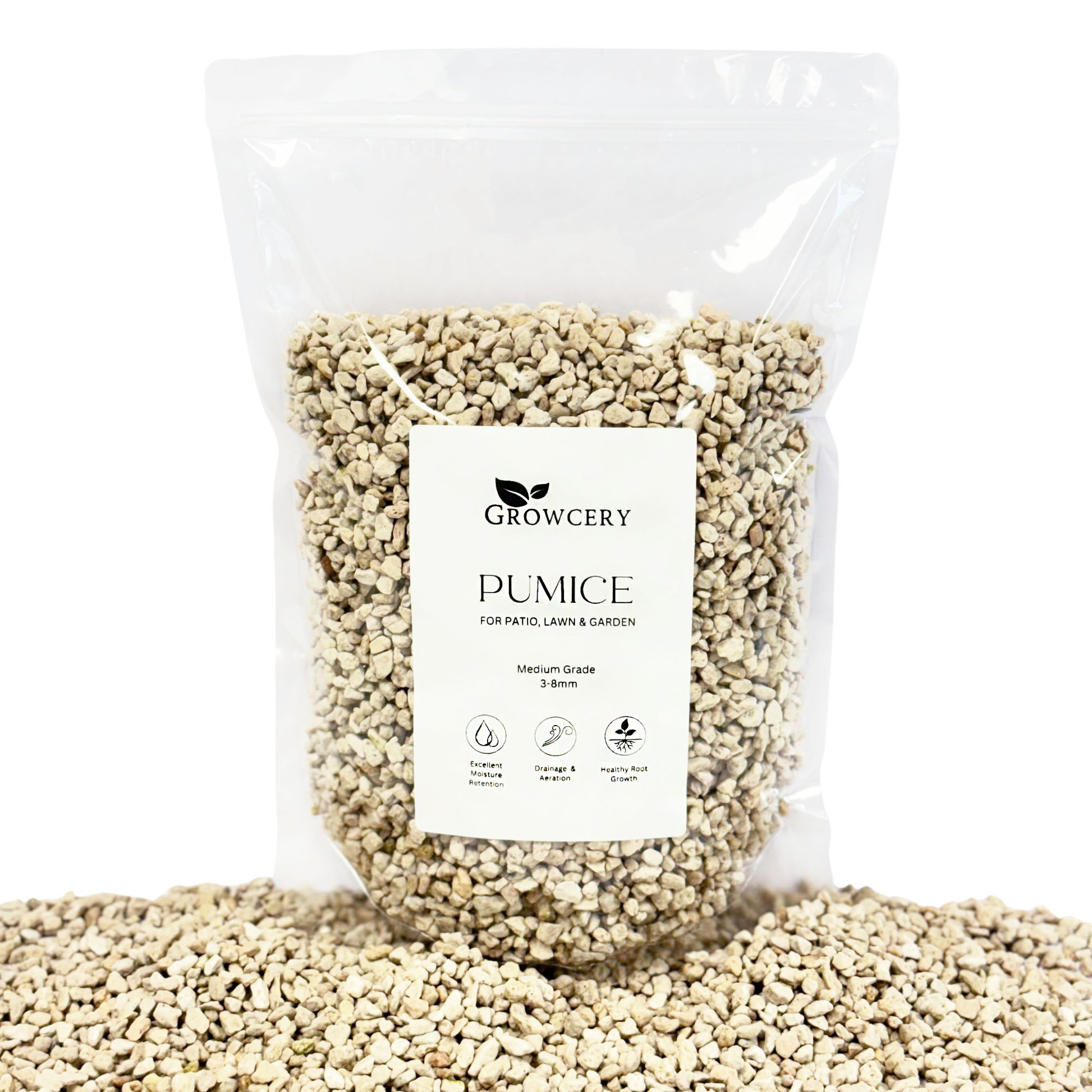 Perlite for plants Perlite for plant pots Pumice for plants Pumice for bonsai Front view of clear bag of 3–8 mm dust-free volcanic pumice spilling onto surface