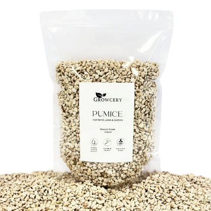 Perlite for plants Perlite for plant pots Pumice for plants Pumice for bonsai Front view of clear bag of 3–8 mm dust-free volcanic pumice spilling onto surface